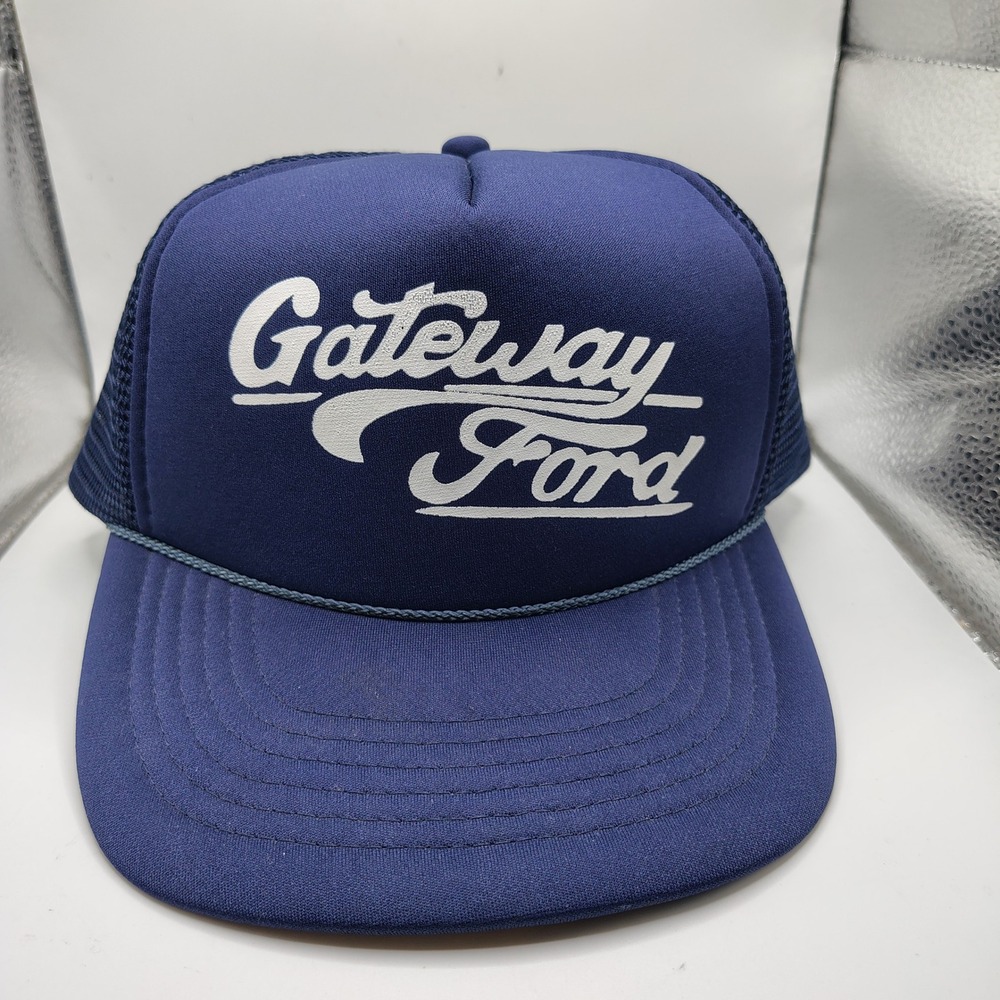 Vintage Gateway Ford Trucker Hat Navy Blue Mesh Snapback Cap KC Tag Foam Front